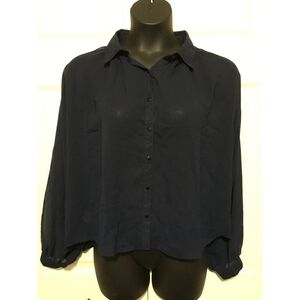Z & I Cropped Button-Front Batwing Blouse Blue
